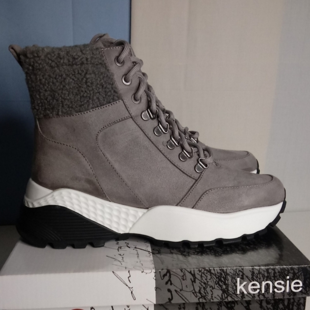 KENSIE Womens Grey Cushioned Round Toe Lace-Up Boots